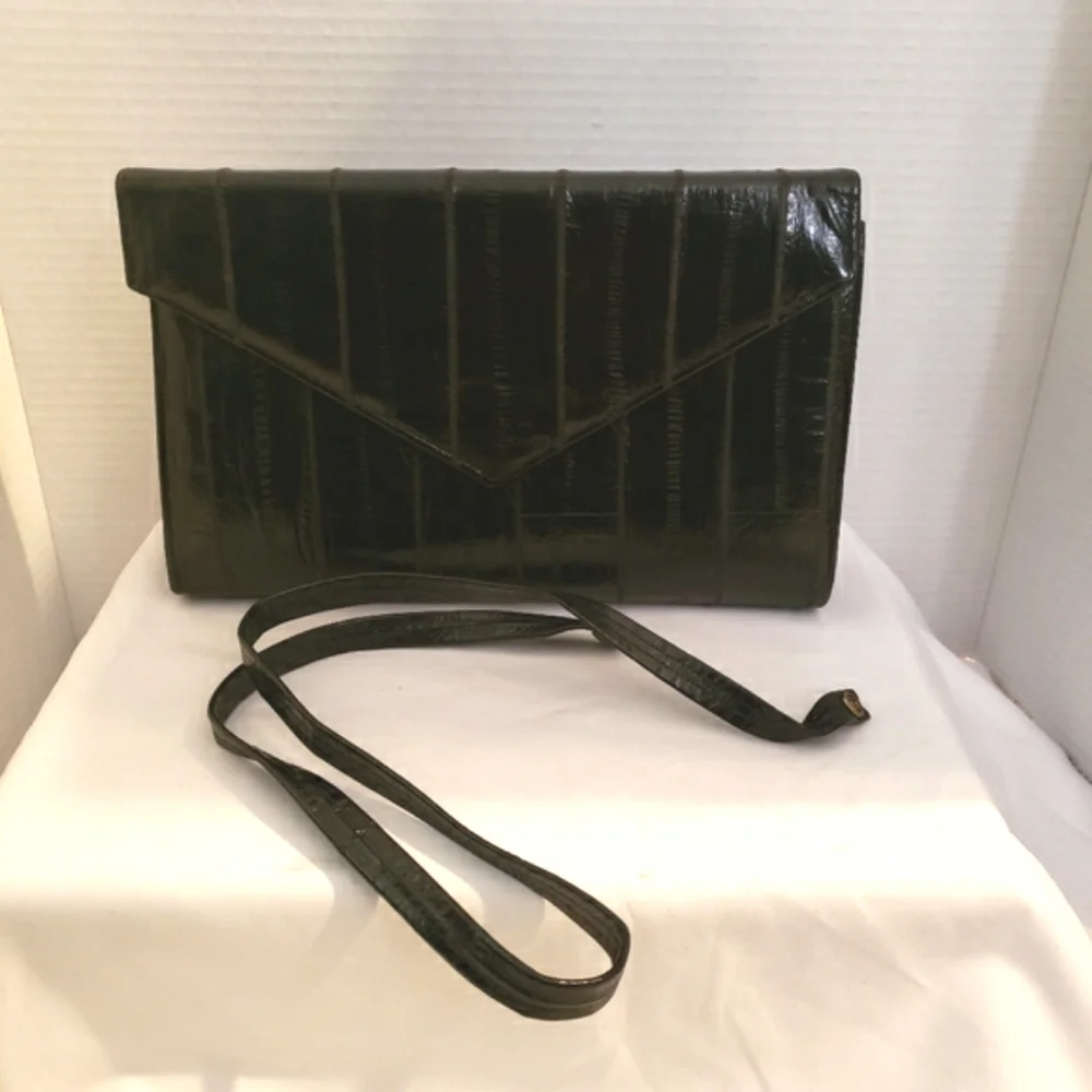Black Faux Ell Skin  Convertible Shoulder Clutch Handbag